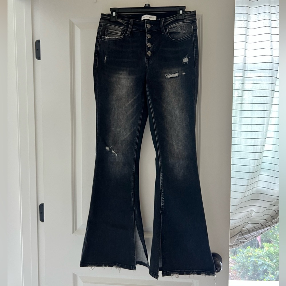 Flying Monkey Black Flare Leg Slit Hem Jeans